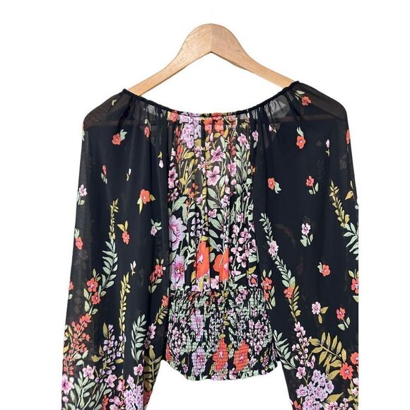 Free People Final Rose Floral Lined V Neck Balloon Sleeve Ruched Blouse Black XS - Picture 7 of 12